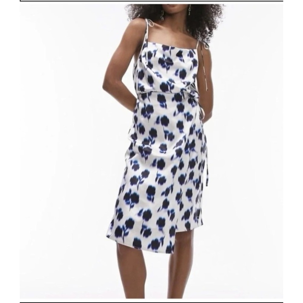 Topshop Blue Blurred Floral Satin Cowl Neck Wrap Midi Dress US 2 *like new*
